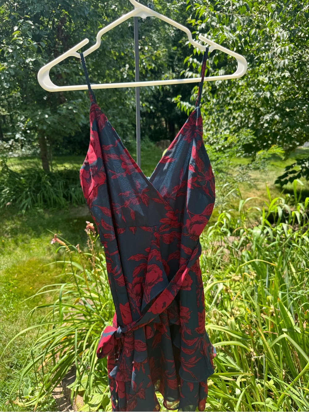 Red Floral Wrap One-Piece Dress